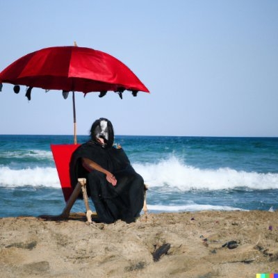 A person in the beach, dressed as death, seeing to his/her right, under a red umbrella.